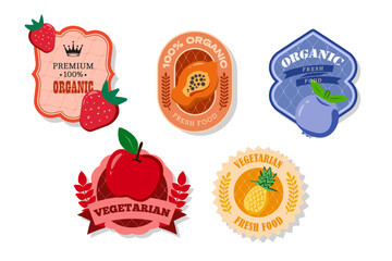 Retro fruits banner and labels. Different juices stickers. Packaging tags with apple, blueberry, papaya, strawberry. Set of seasonal fruits labels stickers and marks or badges template for packaging