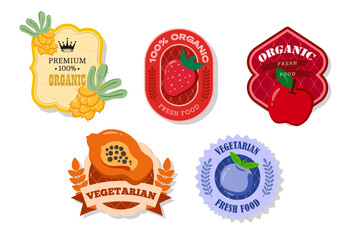 Retro fruits banner and labels. Different juices stickers. Packaging tags with blueberry, strawberry, apple, papaya. Set of seasonal fruits labels stickers and marks or badges template for packaging