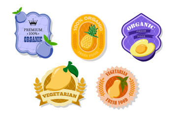 Retro fruits banner and labels. Different juices stickers. Packaging tags with plum, pineapple, blueberry, mango, pear.Set of seasonal fruits labels stickers and marks or badges template for packaging