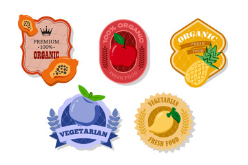 Retro fruits banner and labels. Different juices stickers. Packaging tags with mango, pineapple, apple, blueberry. Set of seasonal fruits labels stickers and marks or badges template for packaging