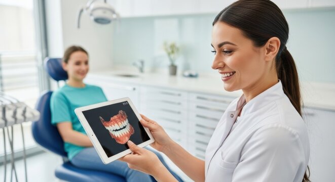 A woman dentist shows a patient a digital 3D model of teeth on a tablet in a modern dental clinic for consultation. - Powered by Adobe