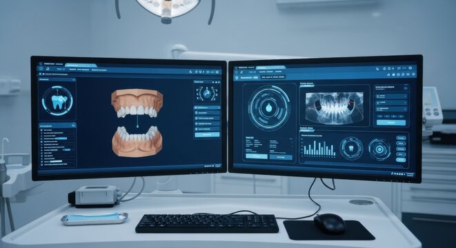 Dental office computer with 3d jaw model and x-ray on screen for modern dentistry and oral care technology