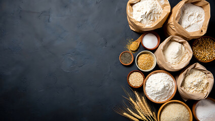 Dark moody flatlay: assorted flours, grains, and seeds on rustic black background; copy space.