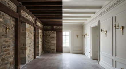 Split image showing a room before and after renovation with contrasting stone walls and modern white paneling