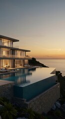 Fototapeta premium Luxury villa ocean view infinity pool sunset modern architecture design real estate travel destination