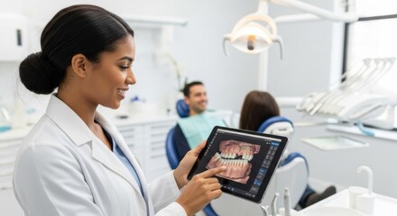 Woman smiling while holding tablet showing 3d teeth scan. Modern dentistry technology for dental diagnostics and treatment.