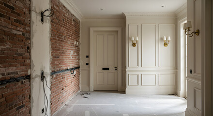 Interior renovation with exposed brick and unfinished walls contrasting with elegant paneling and sconces