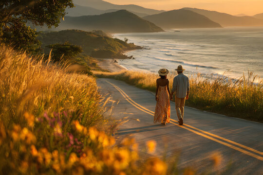 Middle age Brazilian couple at road by the beach walking summer sunny. - Powered by Adobe