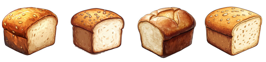 A delicious selection of four different bread loaves isolated on transparency PNG background, each with a unique texture, Ideal for culinary blogs, bakery promotions, or nutritional content,