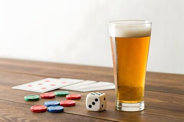 Gathering with dice, cards, and a refreshing glass of beer on a rustic wooden table