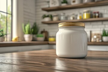 Creamy white jar of fresh milk sits elegantly on a rustic wooden table in a bright kitchen filled with greenery