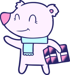 polar bear with christmas present cartoon in bright neon color