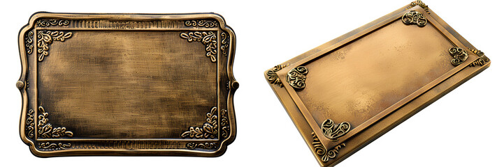 Set of vintage bronze nameplate frames with ornate corner decorations isolated on transparent background

