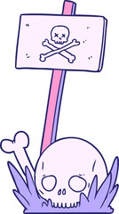cartoon skull bones and warning sign in bright neon color