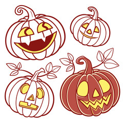 Four halloween pumpkins with different facial expressions and vine details on a white background image