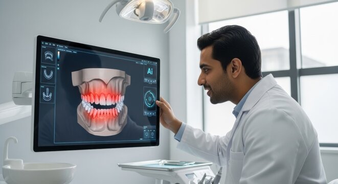 An indian man, a dentist, examines digital 3D jaw model on monitor, showing red inflamed gums for dental diagnosis. Modern dentistry innovation.