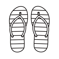Simple vector black and white outline illustration of beach flip flops. Fun beach summer-themed coloring activity for kids, great for printable worksheets and crafts. Hand drawn. Line art.