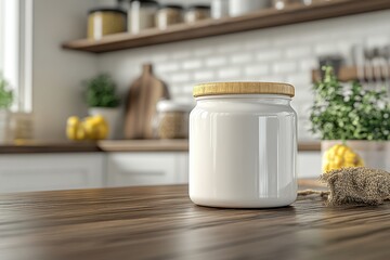 Pure and pristine jar filled with creamy substance on a wooden kitchen counter surrounded by fresh ingredients