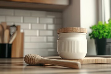 Beautiful ceramic jar with wooden lid and pestle, captured in a cozy kitchen setting with warm and inviting light