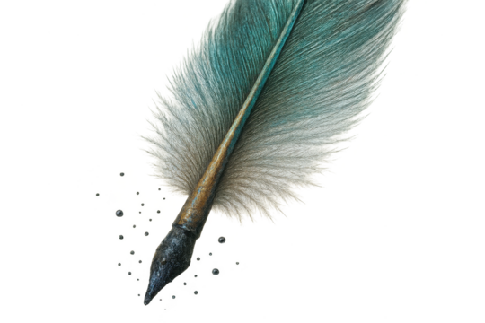 Elegant teal and grey feather quill isolated on a transparent background.