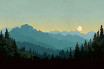 Serene Teal Mountain Range Landscape Painting Minimalist Style Sunset Yellow Sun Coniferous Forest Silhouette