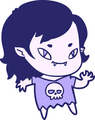 cartoon friendly vampire girl waving in bright neon color