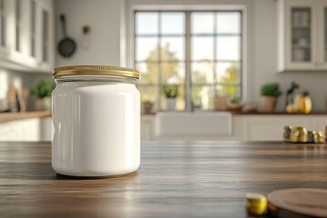 Glass jar filled with white substance sits on wooden table in sunlit kitchen with fresh greenery
