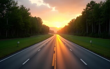 Wide race track and green woods nature landscape at sunset. High quality