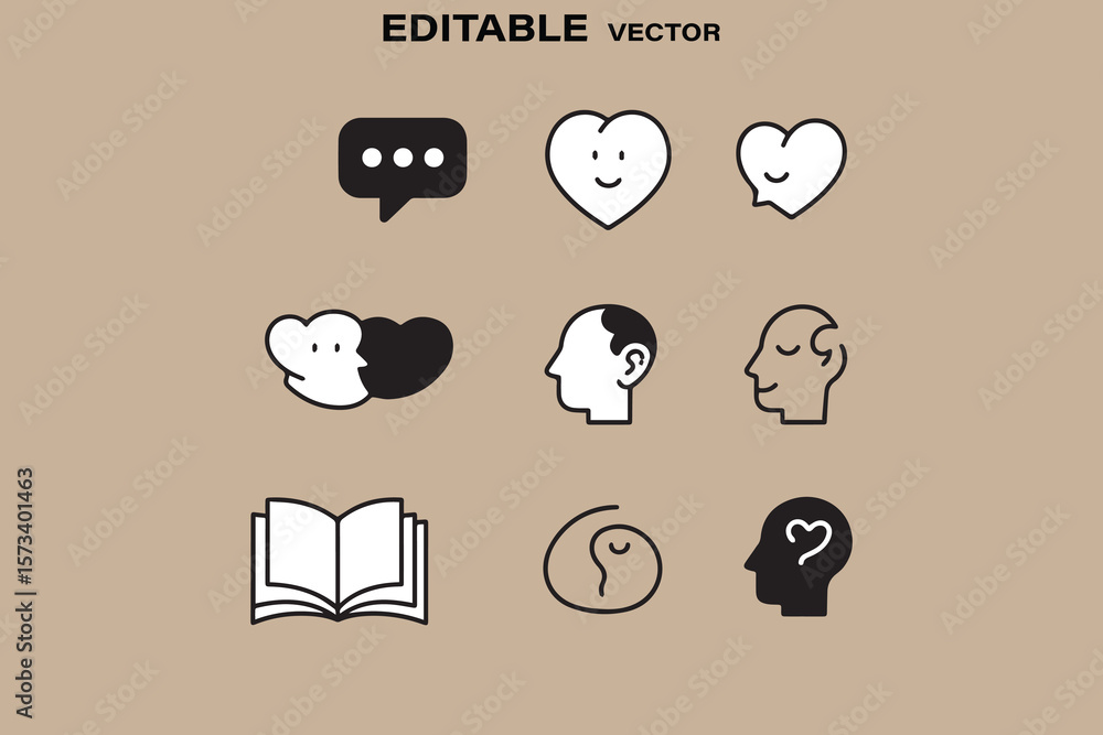 Poster collection of simple line art icons representing communication emotions and knowledge on a neutral b