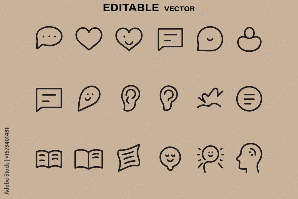 Poster collection of simple black line art icons representing communication emotions learning and ideas on 