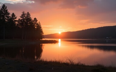 Naklejka premium beautiful sunset on the Rybinskoye reservoir. High quality