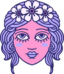 iconic tattoo style image of female face with crown of flowers in bright neon color