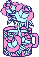 tattoo in traditional style of a cup and flowers in bright neon color