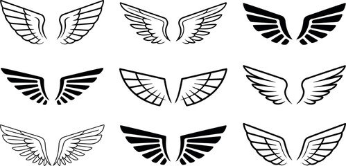 Nine vector wing designs: elegant, classic, black and white.
