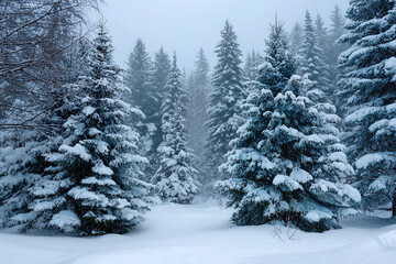 Serene Winter Landscape Snow Covered Evergreen Trees in a Snowy Forest Cold Winter Day Peaceful Snowy Scene