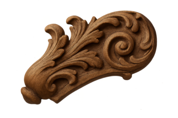 Detailed carved wooden acanthus scroll ornament on transparent background