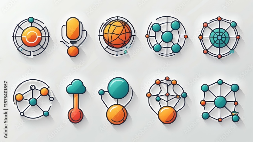 Poster ten abstract network icons with circles and lines in orange and teal on a white background