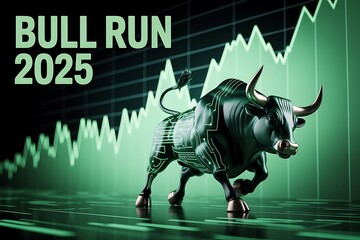 Obraz premium Anticipating a bull run in financial markets by 2025 with a modern robotic bull against a rising stock chart.
