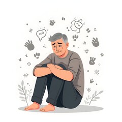 Flat 2D Illustration of a Sad Man Sitting Surrounded by Abstract Emotional Shapes
