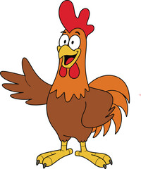 Cartoon rooster character illustration, funny chicken mascot waving, farm animal vector clipart, colorful poultry drawing for children media