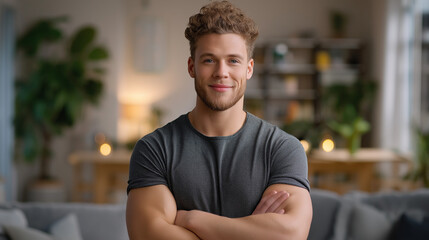 Fototapeta premium Confident young man standing in living room with arms crossed