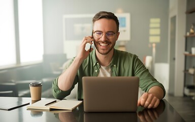 Happy business man working from home talking on phone with laptop and notebook on desk for remote work