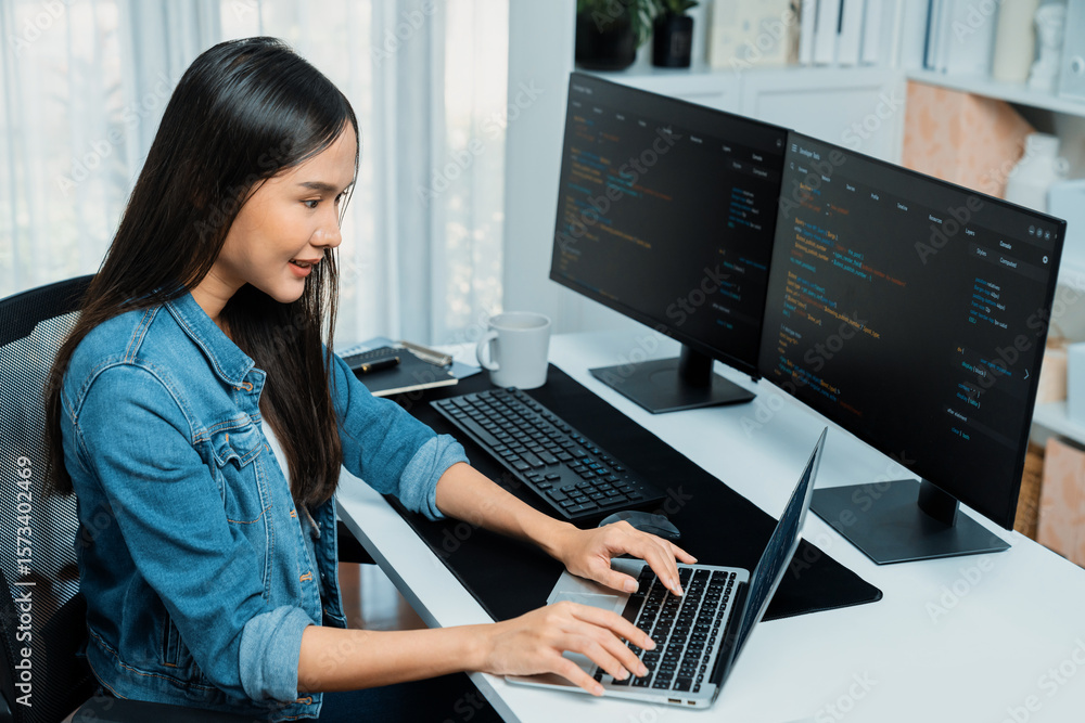 Poster smiling young asian in it developer creating with typing online information on laptop with coding pr