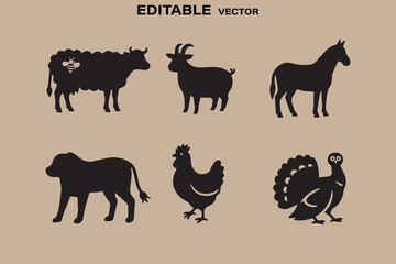 Obraz premium Collection of black silhouettes of farm animals and a bee on a tan background