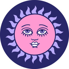 iconic tattoo style image of a sun with face in bright neon color
