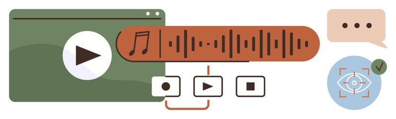 Multimedia interface with audio waveform, play controls, speech bubble, and eye tracking icon. Ideal for media creation, content review, video production, audio editing, UX design communication