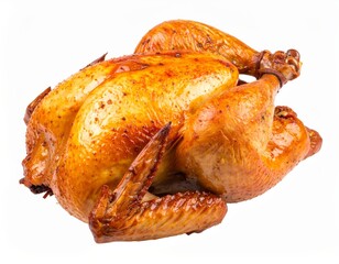 A golden roasted chicken sits on a white background ready to eat