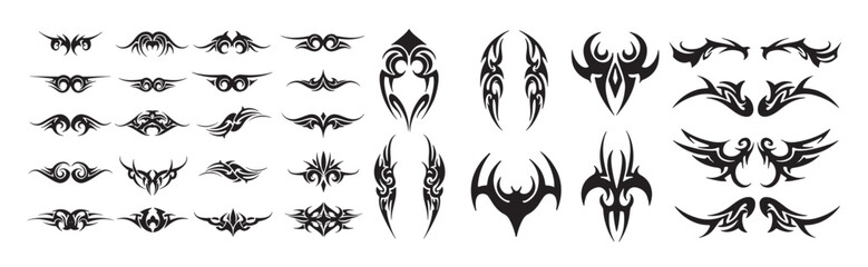Fototapeta premium Tribal Tattoo Vector Icons Set with Abstract Symmetrical Shapes for Body Art and Design. Set of neo-tribal tattoo illustrations perfect for patches, stickers, fashion design.