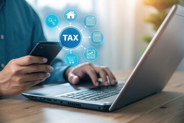 Person using smartphone and laptop for online tax services