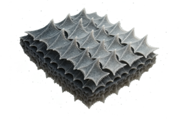 Grey plastic star-shaped elements, stacked on transparent background, macro